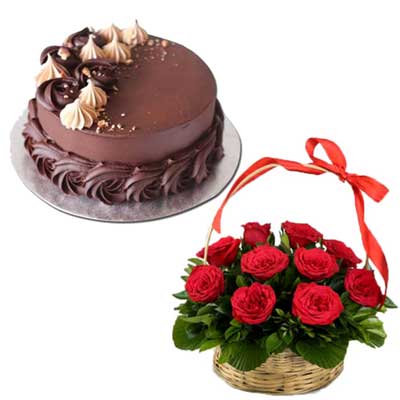"Round shape Chocolate cake - 1kg, Red Roses Flower Basket - Click here to View more details about this Product